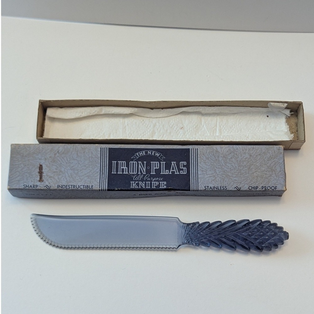 Vtg Renwal Iron-Plas All-Purpose Knife Blue Plastic Serrated Feather Boxed